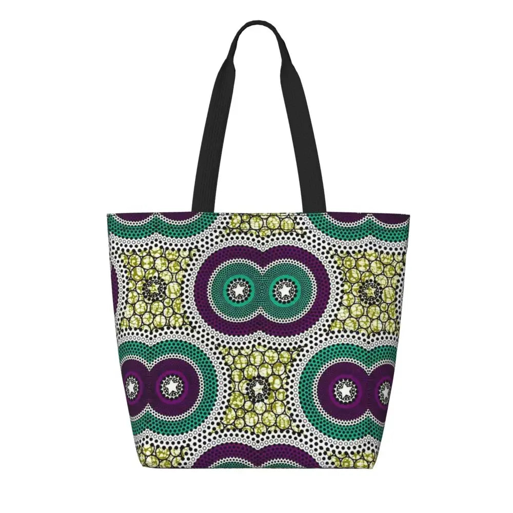 African Ankara Prints Grocery Shopping Tote Bags Women Geometric Ethnic Art Canvas Shoulder Shopper Bags Big Capacity Handbag