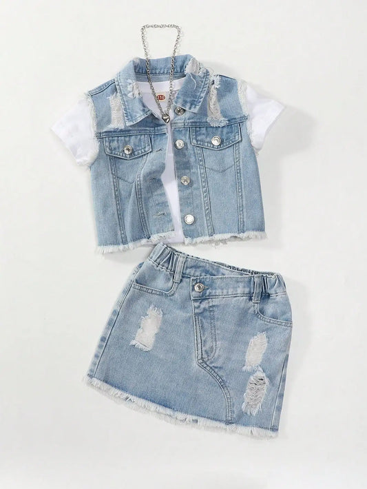 Girls Casual Style Sleeveless Top with Distressed Denim Skirt Set - Trendy Outfit for Kids