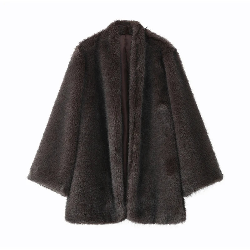 Women Thick Faux Fur Coat Lapel Hidden Button Loose  elegant lady Outerwear 2025 Fashion Female Street Commute Overcoat New