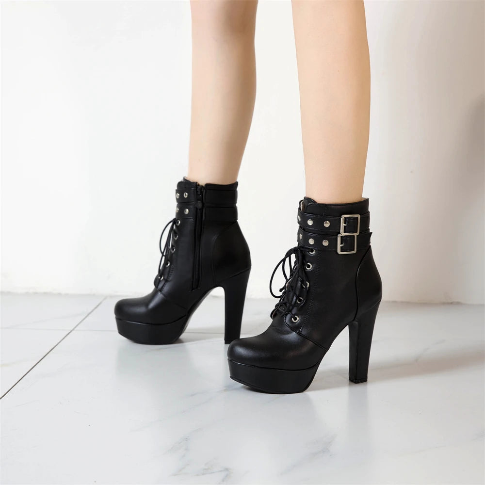Women Ankle Boots Platform Lace-Up High Heels Short Boot Female Buckle Autumn Winter Red Yellow White Sexy Shoes Large Size34-46