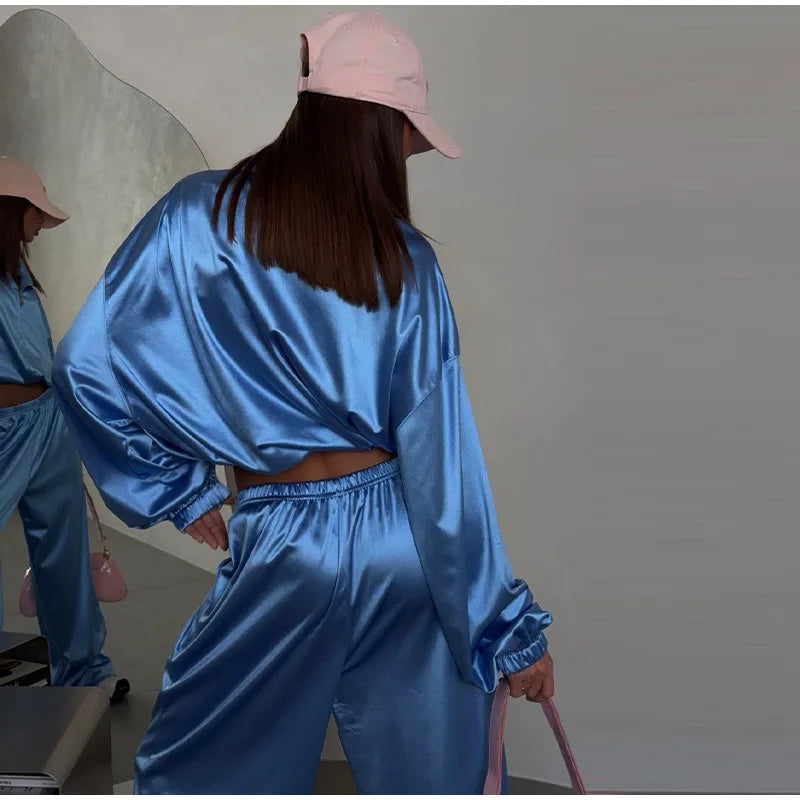 2026 Spring Satin Embroidered Zip-Up Jacket Wide Leg Pants Set Oversized Slouchy Women 2 Pcs Outfit Cool Lady Co-ord Streetwear