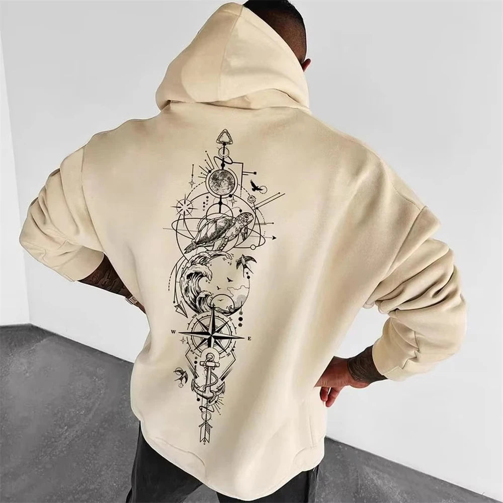 2024 Summer Men's Neck Hoodie 3D Compass Printed Sweatshirt Simple Fashion Male Clothing Loose Oversized for Men New