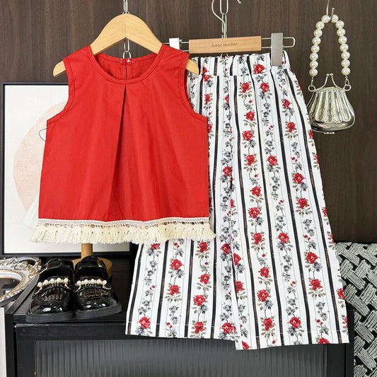 Summer Casual Girls Clothes Korean Version Fashion Simple Children Red Sleeveless Tassel Top+Flower Print Pants 2 Pcs Suit