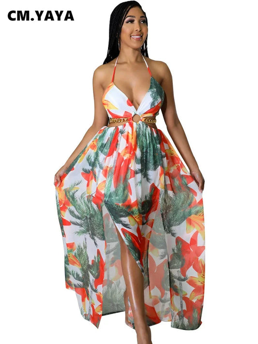 CM.YAYA Elegant Women Floral Halter V-neck Backless Cut Out Waist Chain Sleeveless High Side Split Fit Flare Maxi Long Dresses
