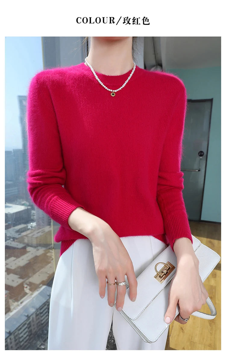 Autumn and winter women's semi high neck pullover sweater solid color knitted slim fit women's 100 mink cashmere sweater new sty