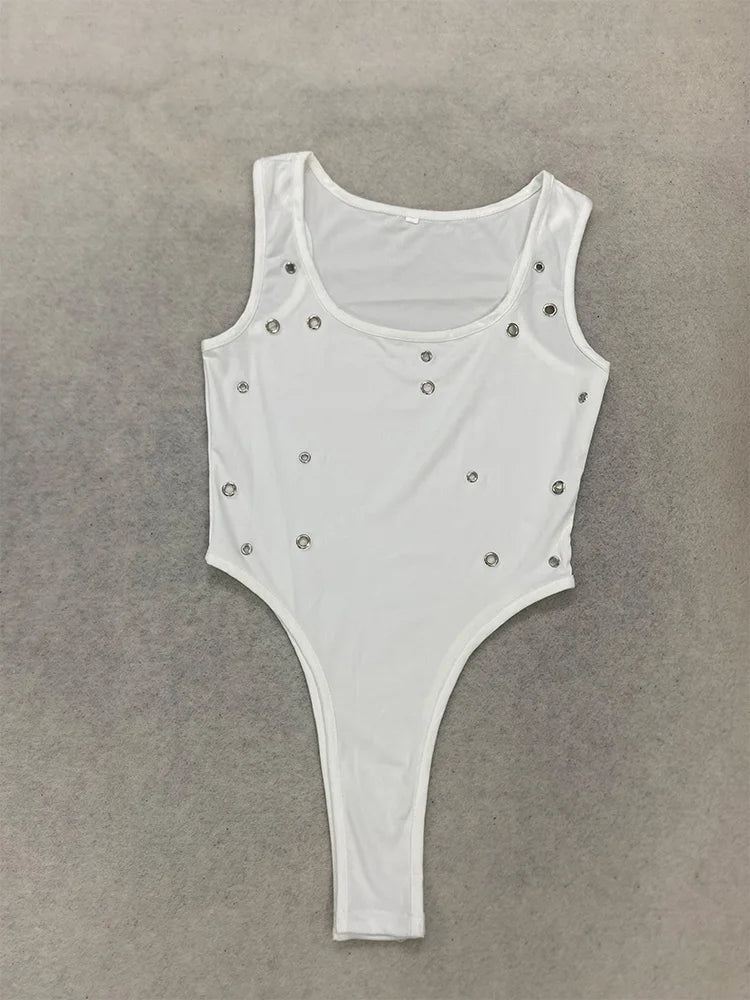 Summer Women's Sexy Spicy Girl Style Metal Eye Decoration Slim Fit Sleeveless Square Neck Vest Slim Fit Punk Jumpsuit Ins Style
