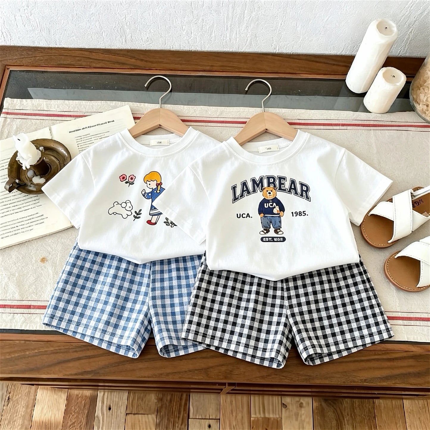 T-shirt + Plaid Shorts Outfits For Kids Summer Clothing Fashion Casual Short Sleeve Suit Children's Wear 2 Piece Set Girls Boys