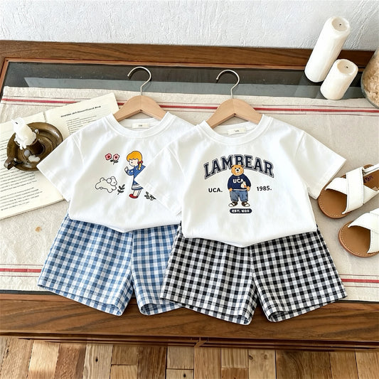T-shirt + Plaid Shorts Outfits For Kids Summer Clothing Fashion Casual Short Sleeve Suit Children's Wear 2 Piece Set Girls Boys