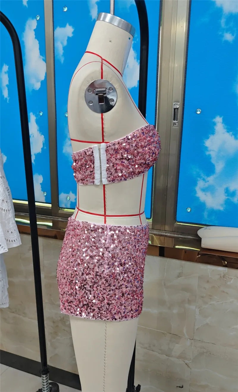Women Sequin Two Piece Outfit Halter Crop Top And Split Mini Skirt Club Wear