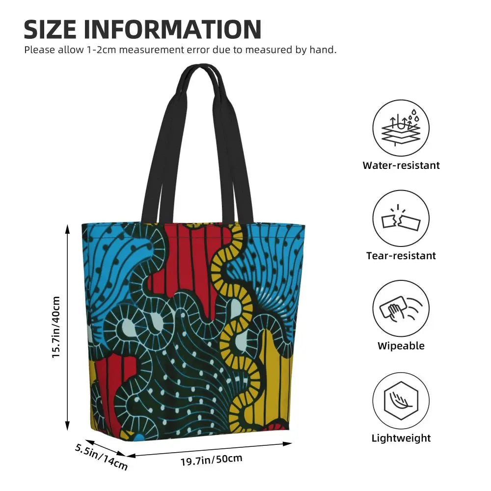 African Ankara Prints Grocery Shopping Tote Bags Women Geometric Ethnic Art Canvas Shoulder Shopper Bags Big Capacity Handbag