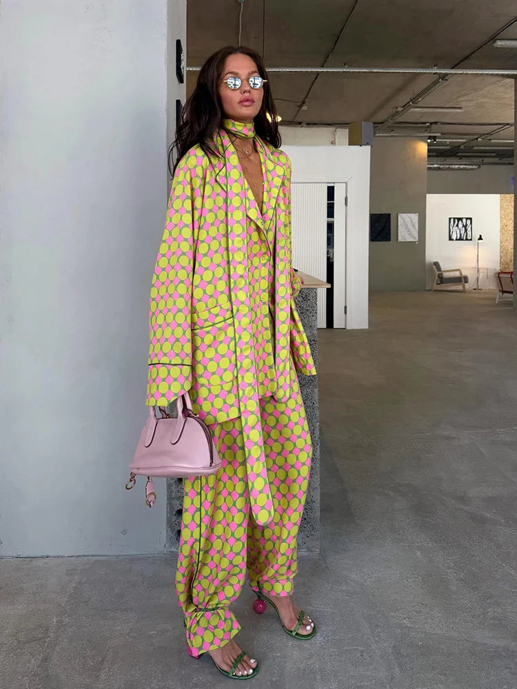 Casual Plaid Women's Blazer Pant Suits Scarf Collar Long Sleeve Button Shirt Pleated Wide Leg Trousers 2026 Summer Female Set
