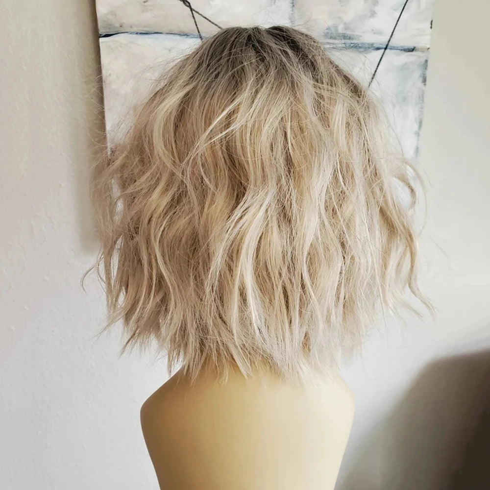 Rooted Blonde Bob Wig with Bangs Heat Resistant Fiber Highlighted Fringe Wavy Wig Synthetic Lace Front Wig for Women Daily Use
