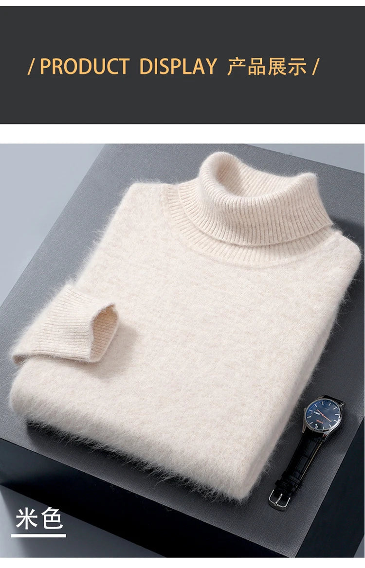 Men's 100% Mink Cashmere Sweater High Lapel Thick Knitted Pullover Casual Large Size Middle-Aged Sweater Autumn Winter New Tops