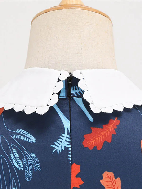 Women Vintage Dress Floral Print Peter pan Collar Elegant Party Dress Puff Short Sleeve Pin Up 50s Party Sundress 3XL