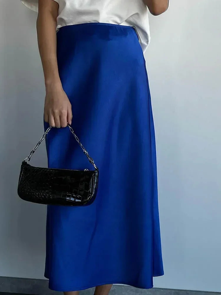 Elegant Women's Skirts High Waist Silk Satin A-line Skirt Lady Fashion Solid Color Purple Long Skirts for Women Fashion 2026