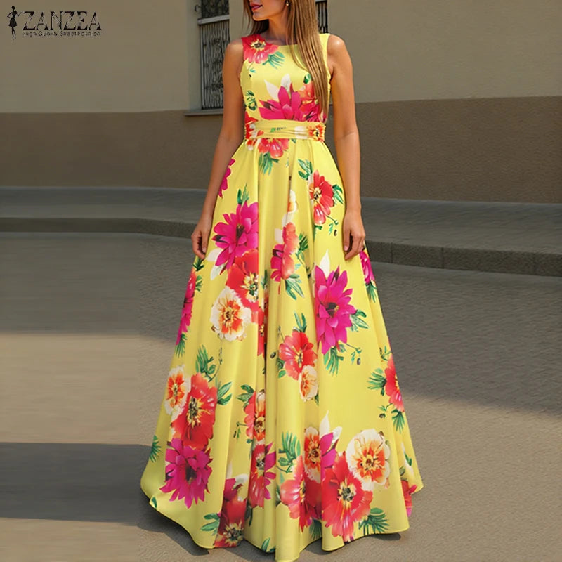 ZANZEA Women Floral Printed Bohemian Sundress 2026 Summer Tank Dress Fashion Sleeveless Waisted Robe Casual Party Maxi Dresses