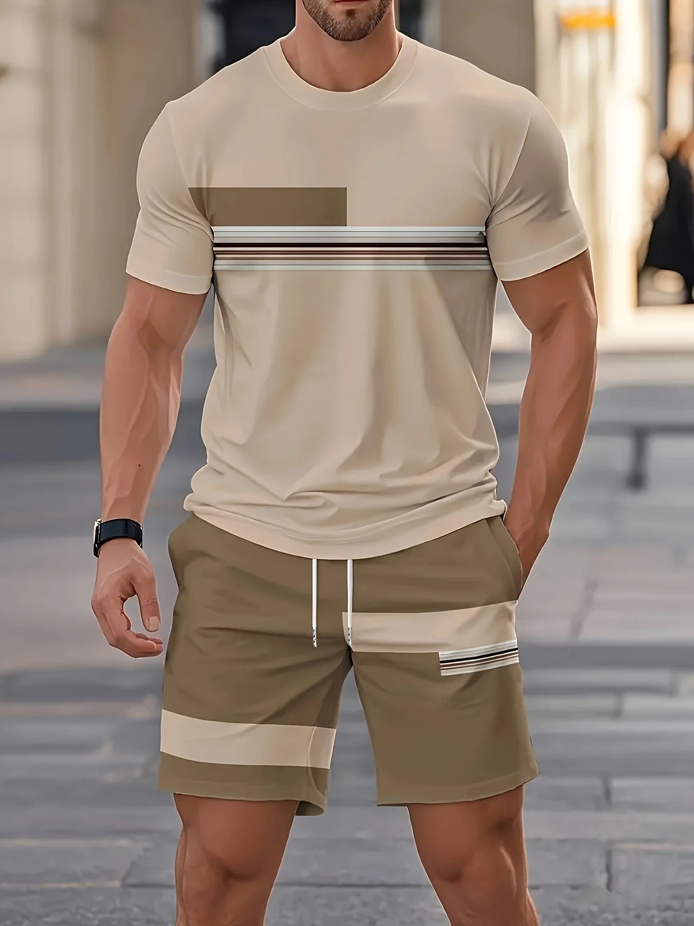 New Summer Men's Sportswear Striped Short-Sleeve T-Shirt Set Two-Piece Outdoor Travel Apparel Relaxed-Fit Shorts Training Wear
