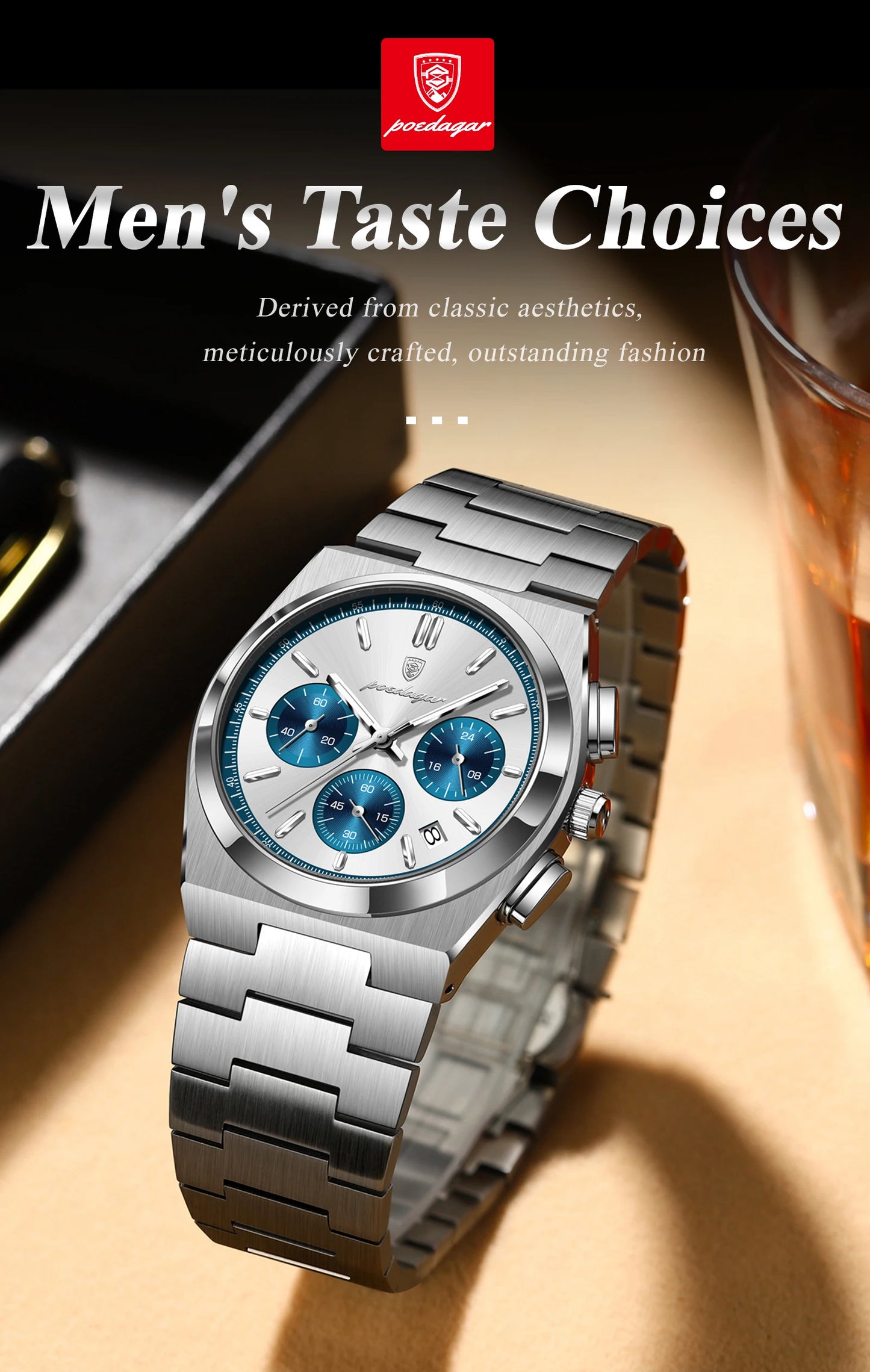 POEDAGAR Top Business Man Quartz Watch Waterproof Luminous Date Chronograph Stylish Watches For Men Stainless Steel Men's Watch