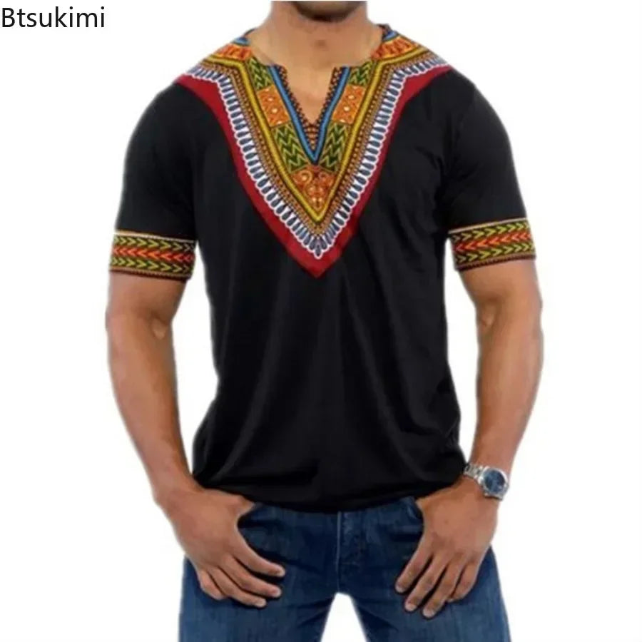 New 2026 Men's African Clothes T-shirts Casual Short Sleeve Traditional Ethnic Style Tops Men's Vintage Printed Perform Clothing