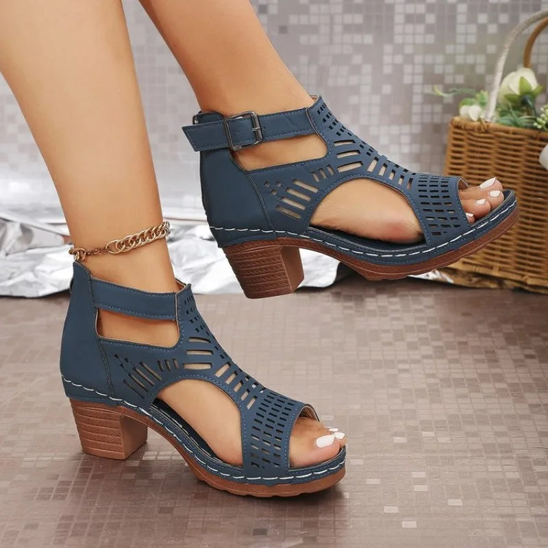 Sandals for Women 2026 New Thick Heeled Sandals Summer Breathable Hollow Out Sandals for Women Retro High Heels Roman Sandalias