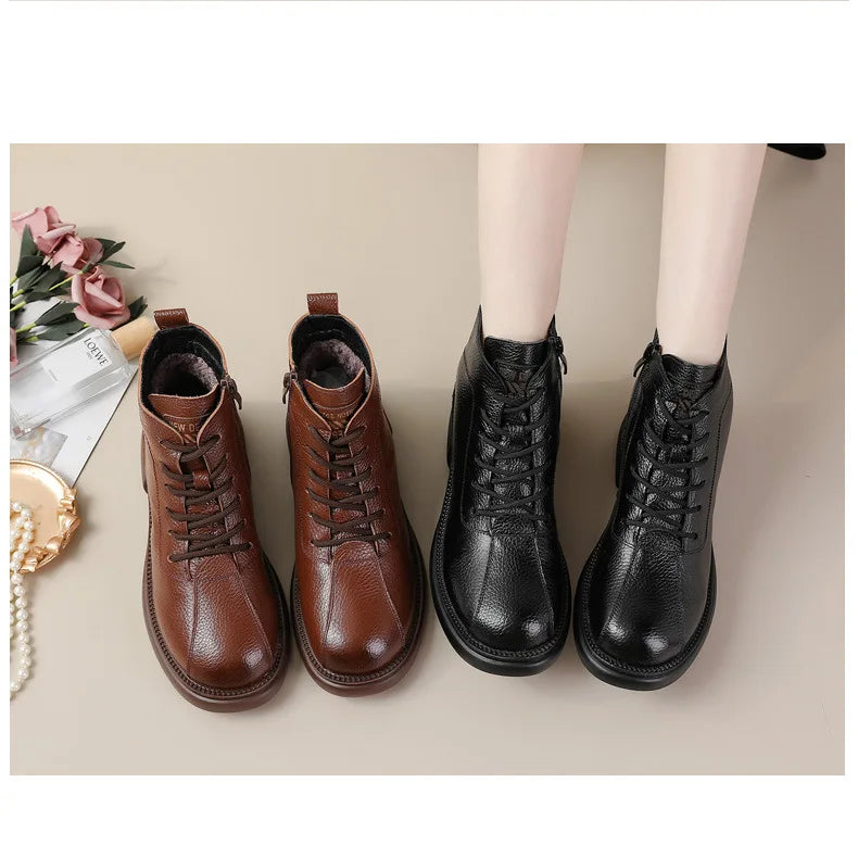 Xiuteng Autumn New Cowhide Mid-Heel Soft-Soled Women's Short Boots Retro Casual Leather  Boots Warm Women's Cotton Shoes
