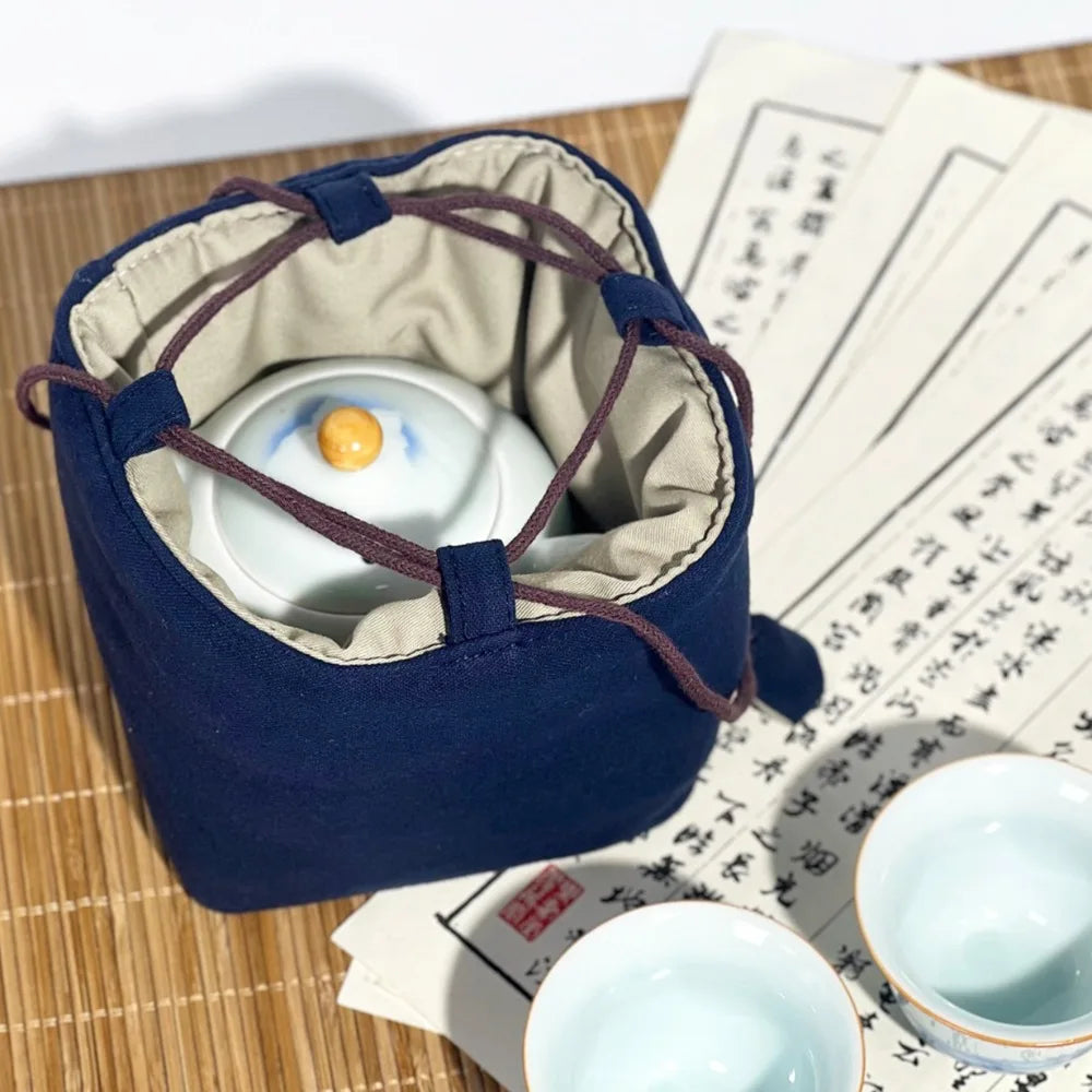 Chinese Style Tea Set Organizer Bag Embroidered Breakage-proof Teacup Drawstring Cloth Pouch Tea Ceremony Accessories
