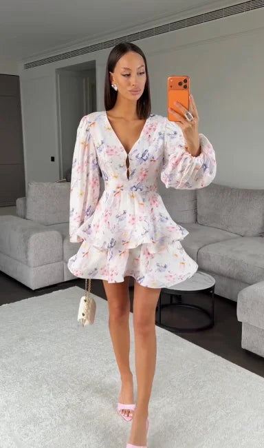 Elegant Floral Printed Waist-cinched Mini Dress Women Pleated Deep V-neck Long Sleeve Button-front Dresses Fashion Party Robe
