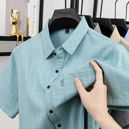 Mens Casual Linen Look Plaid Polo Shirts Short Sleeve Tops Soft Breathable Fashion Shirts with Chest Pocket