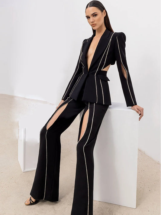 Diamond Beaded Blazer & Flare Pants Suit Set