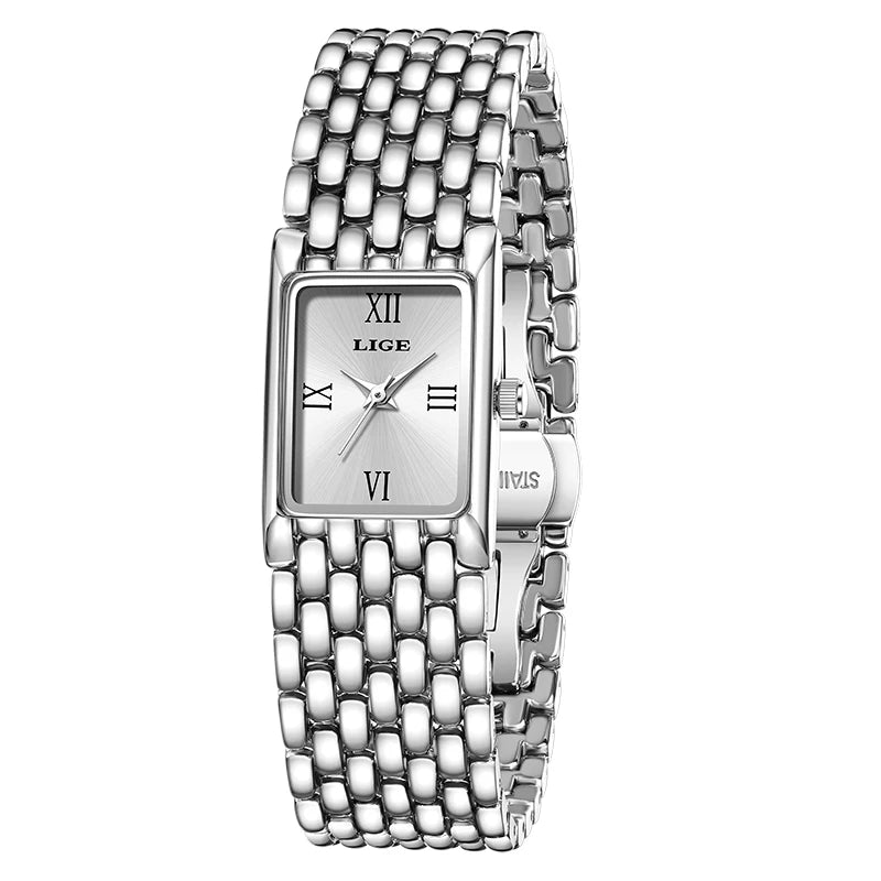 2025 LIGE New Watches Women Fashion Casual Luxury Gifts Womens Waterproof Square Dial Steel Belt Quartz Wrist Watch reloj mujer