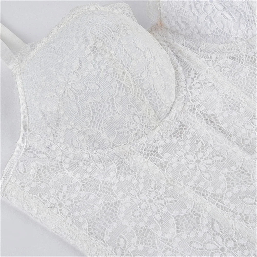 Women Corset Lace Fish Bone Bustier Vest Sexy Mesh Breathable Crop Top White Spaghetti Strap Lace Bra Burlesque Lingerie