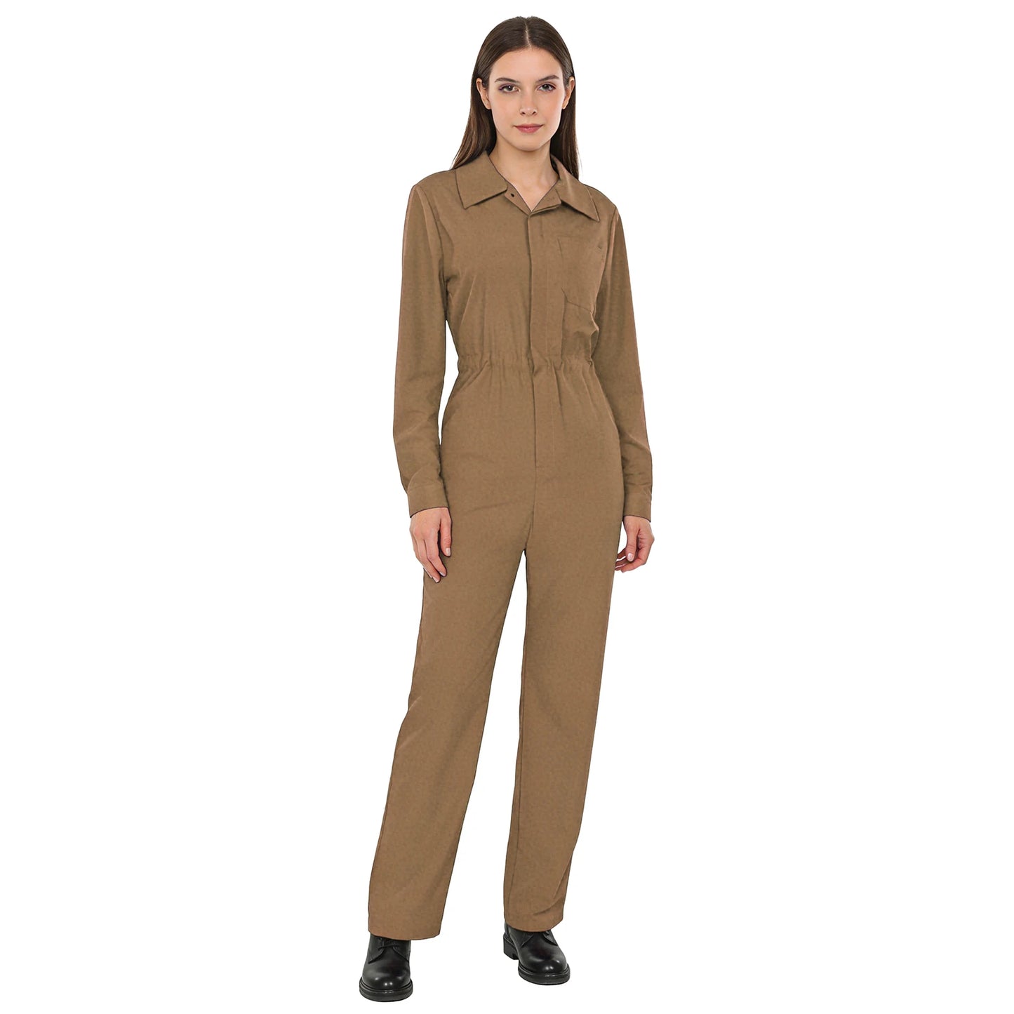 Womens Coverall Solid Color Turn-Down Collar Long Sleeve Button Jumpsuit Mechanic Work Overalls Fashion Casual Cargo Rompers