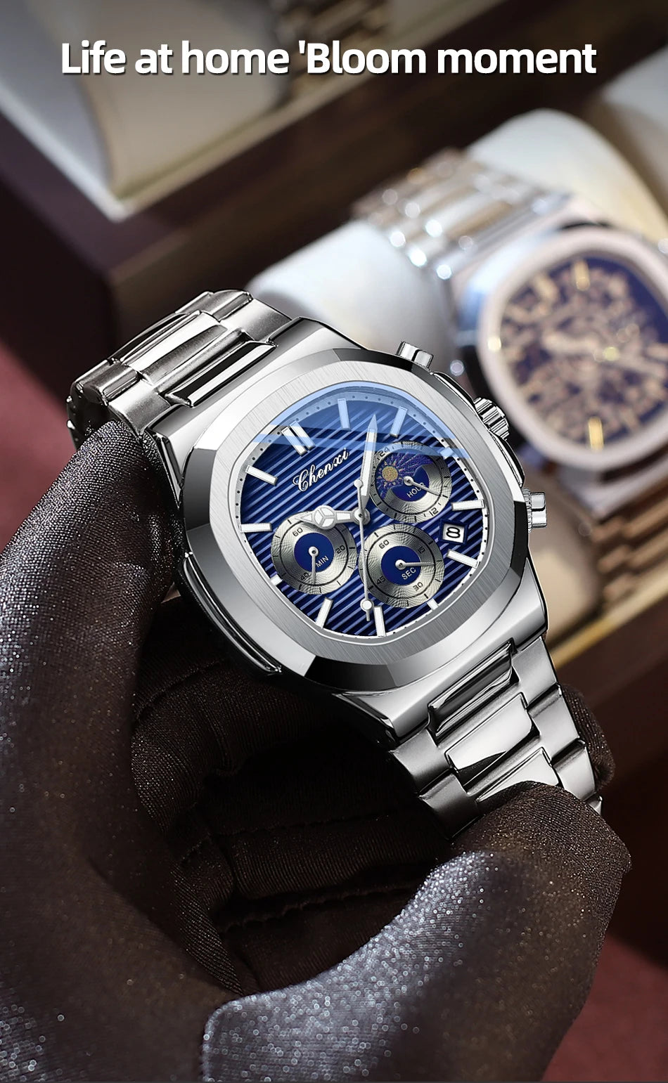 CHENXI Fashion Luxury Men's Watches Stainless Steel Quartz Movement Waterproof Calendar Moon Phase Chronograph Watch for Men
