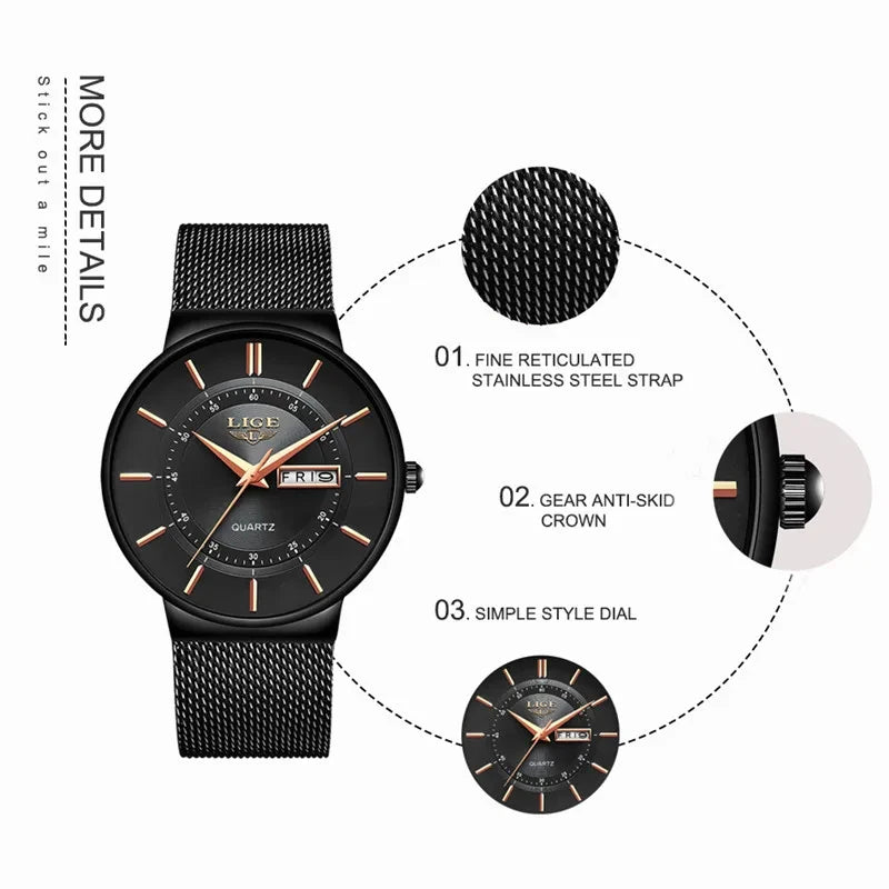 LIGE Fashion Man Watch Waterproof Sport Calendar Quartz Watch Men Top Brand Luxury Steel Strap Men's Watches Relogio Masculino