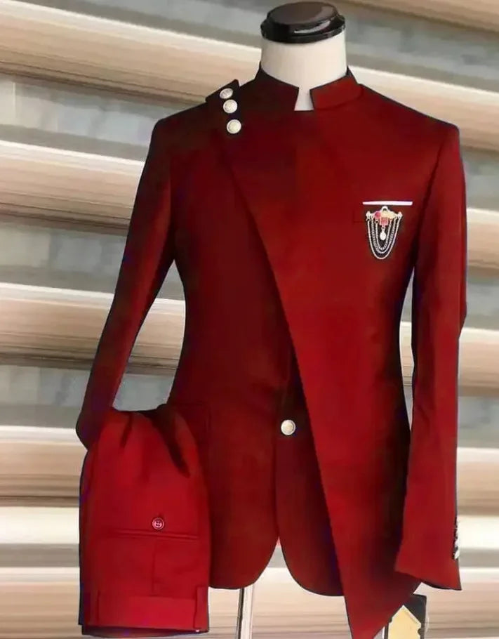 Men Blazer Suits 2 Piece Set Party Coat Straight Pants Ensemble Stand Collar Buttons Trousers Suit Jacket Outfits Autumn 2025