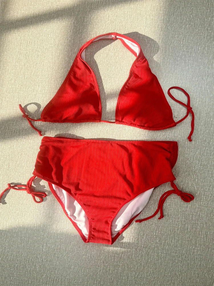 Ladies' swimwear bikini set, two-piece swimsuit with cross-neck ties, ladies' summer beachwear bikini set
