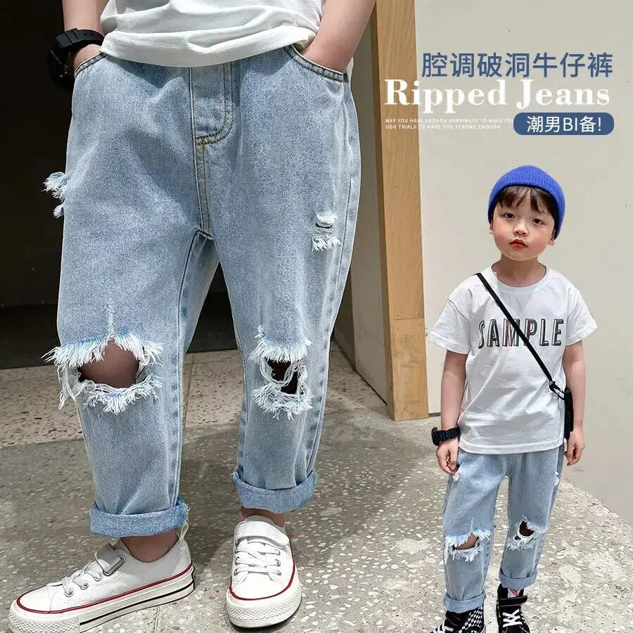 Kids Boys Pants Summer Ripped Jeans New Fashion Children's Baby Loose Casual Jeans Pants Boy and Girl Trousers