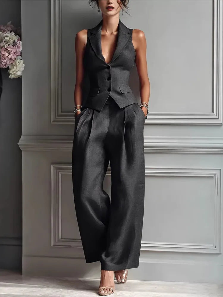 Summer New Fashion Single-breasted Sleeveless Top + Trousers 2-piece Set Women's 2026 Slim Vest Suit Collar Trousers Office Suit