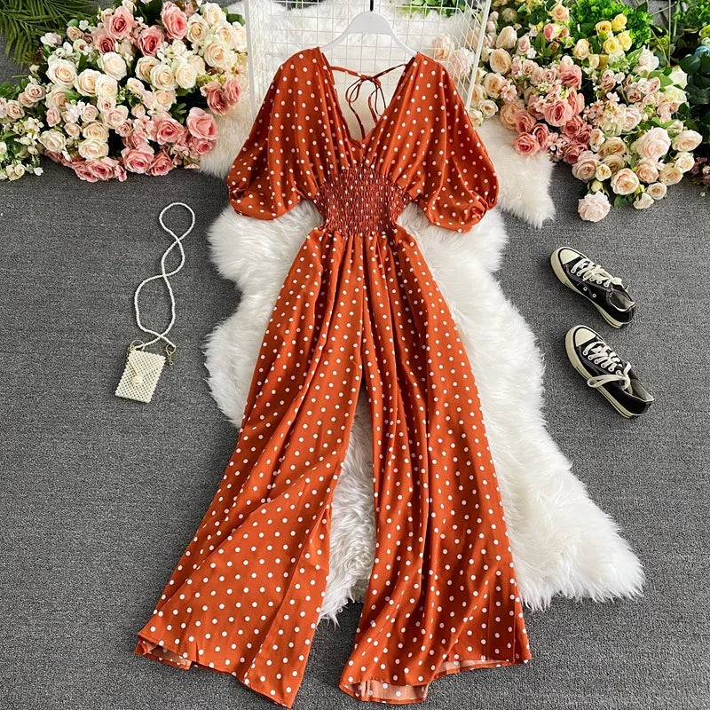 V Neck Sexy Dolman Sleeves Waist Slim Floral Print Jumpsuit Women Wide Leg Trousers Jumpsuit
