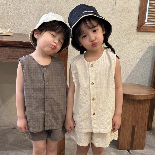 2026 Summer Kids Clothing Set Boys Vest and Shorts 2 Pcs Suit Korean Style Casual Girls Clothes Set Unsex Children Outfit