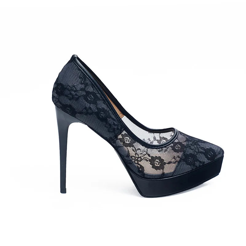 Fashion Roman Pumps 12Cm Black Platform High Heels Mesh Breathable Sexy Shallow Mouth Pointed Single Shoes Small Size 32 33