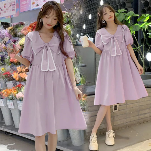 Fashion Short Sleeve A Line Loose Pregnancy Dresses 2025 Summer Maternity Dress Sweet Bow Big Lapel Clothes for Pregnant Women