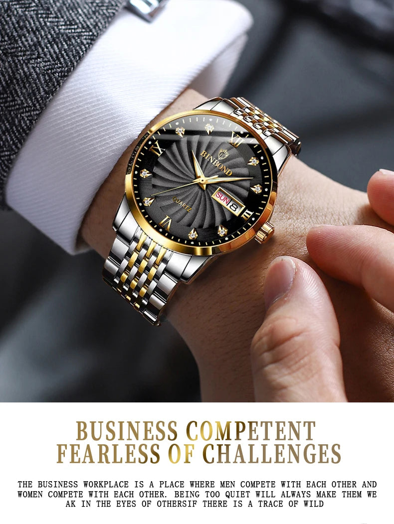 BINBOND Quartz Watches for Men Luxury Luminous Waterproof Precise Auto Date Week Display Men's Watch Casual Sturdy Reloj