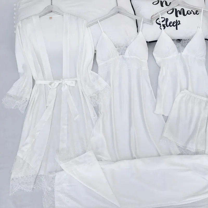 Women Pajamas Five Piece Set Spring Summer Sleepwear Nightgown Sexy Lace Bath Robe Gown Loose Silk Satin Home Wear Loungewear