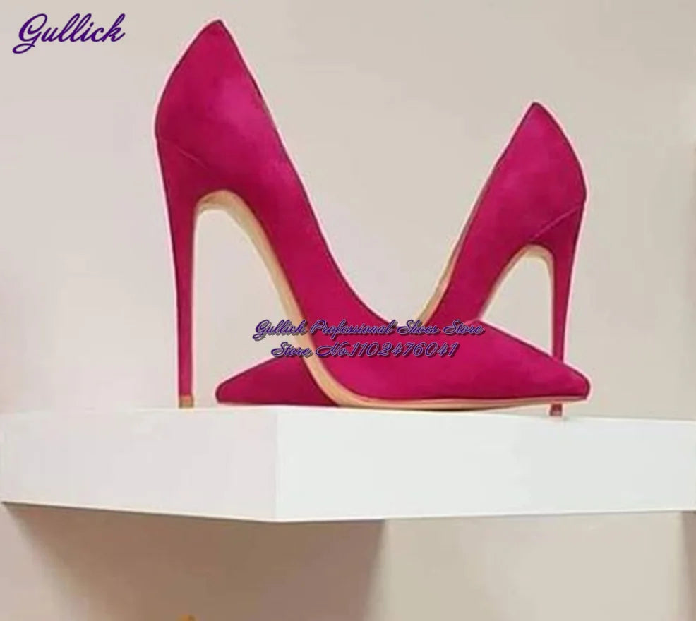 Gullick Women Hot Pink Suede High Heel Shoes 12Cm 10Cm 8Cm Stilettos Slip-On Pointed Toe Wedding Shoes Shallow Pumps Size45