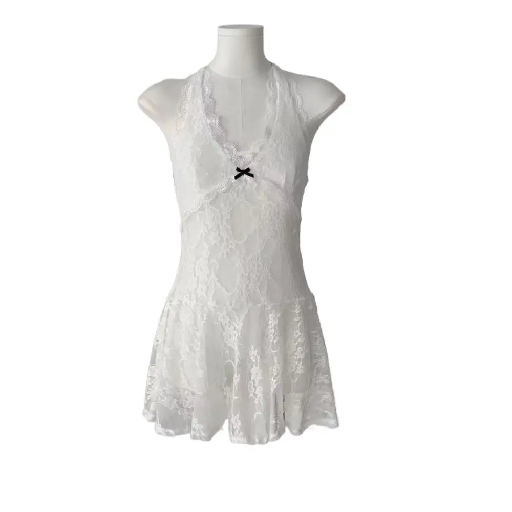 Fashion Transparent Lace Halter Dress V-neck Beachwear Lace-up Short Skirts A-line Spicy Girl Style Dresses Women Club