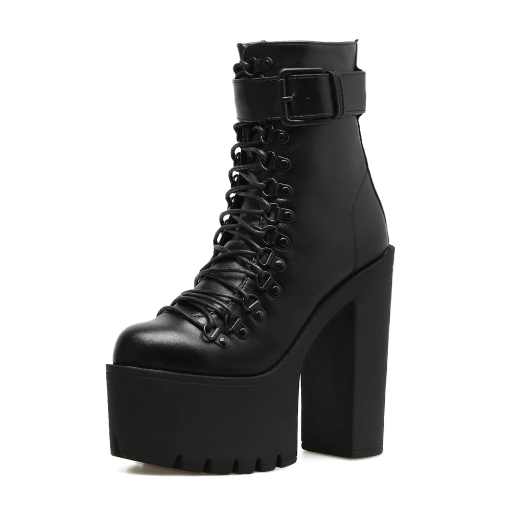 Gdgydh Women's Platform Chunky High Heel Ankle Boots Black Buckle Strap Lace Up Side Zipper Motorcycle Boots Punk Style Shoes