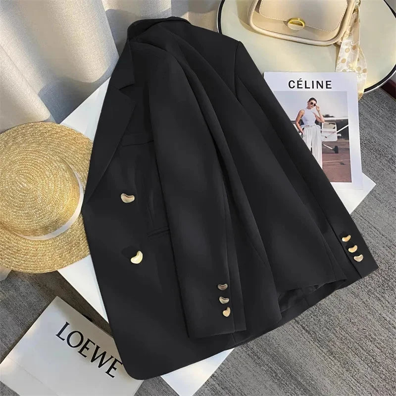 Vintage Double-breasted Blazers Jacket Women Elegant Temperament Metal Buttons Blazer Coat Ladies Long Sleeve Black Outerwear