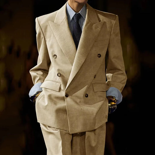 Men's Linen Suit Set Double Breasted 2 Pieces Peak Lapel Oversized Breathable Soft Formal Jacket Pants Outfit Business Casual
