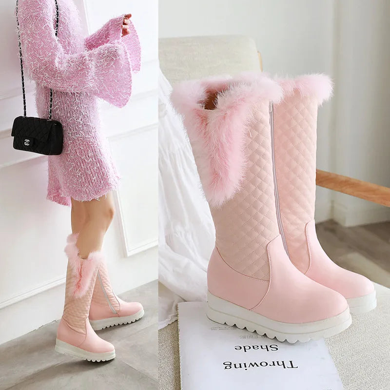 Winter Warm Fur Knee High Boots Womens Platform Snow Boots High Heels Female Padded Shoes  High Boots  Free Ship Big Size 41